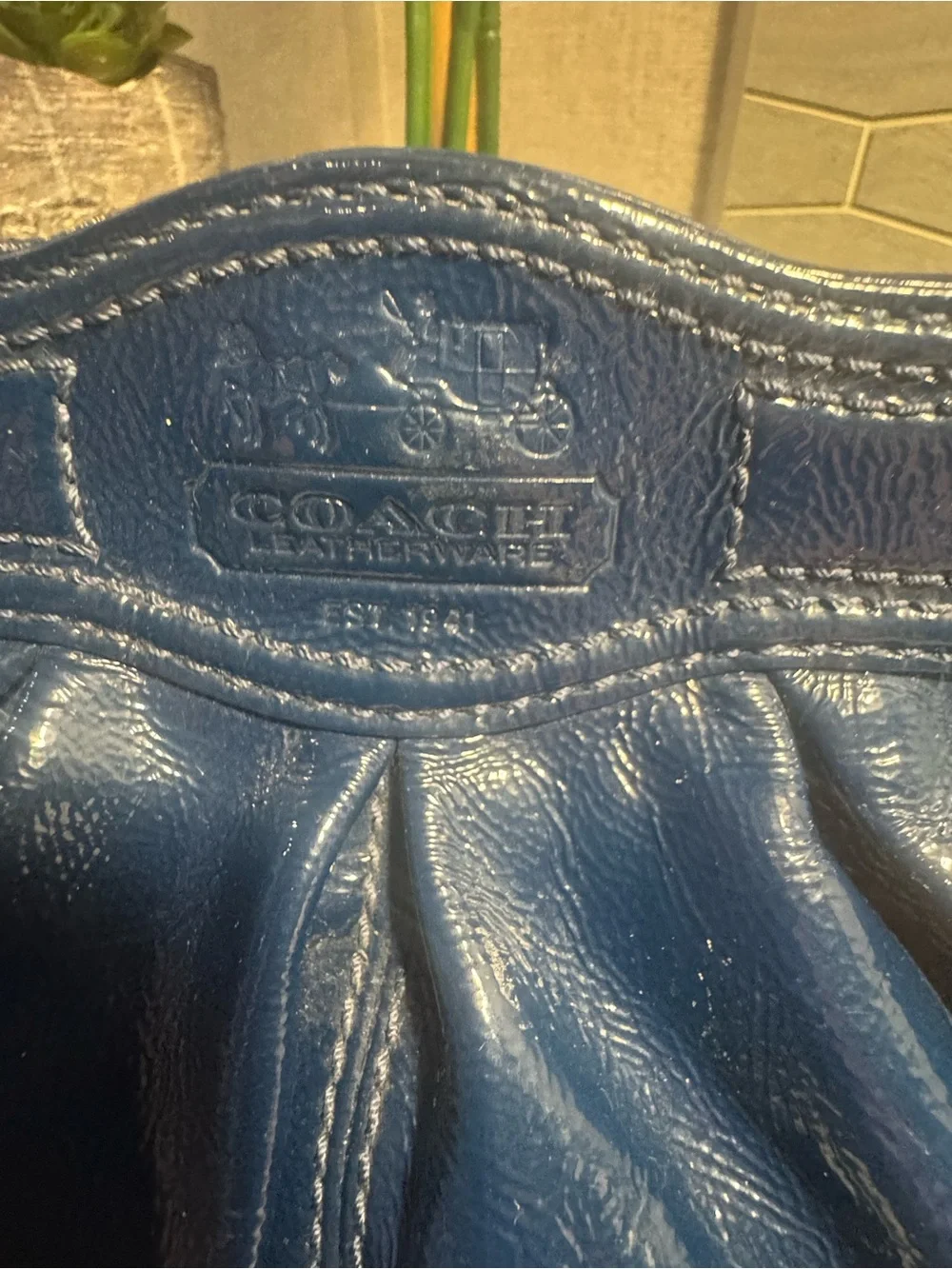 EUC Coach Navy Blue Patent Leather Pleated Shoulder Tote